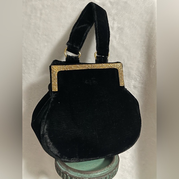 Vintage Handbags - Vintage velvet black purse gold with rhinestones